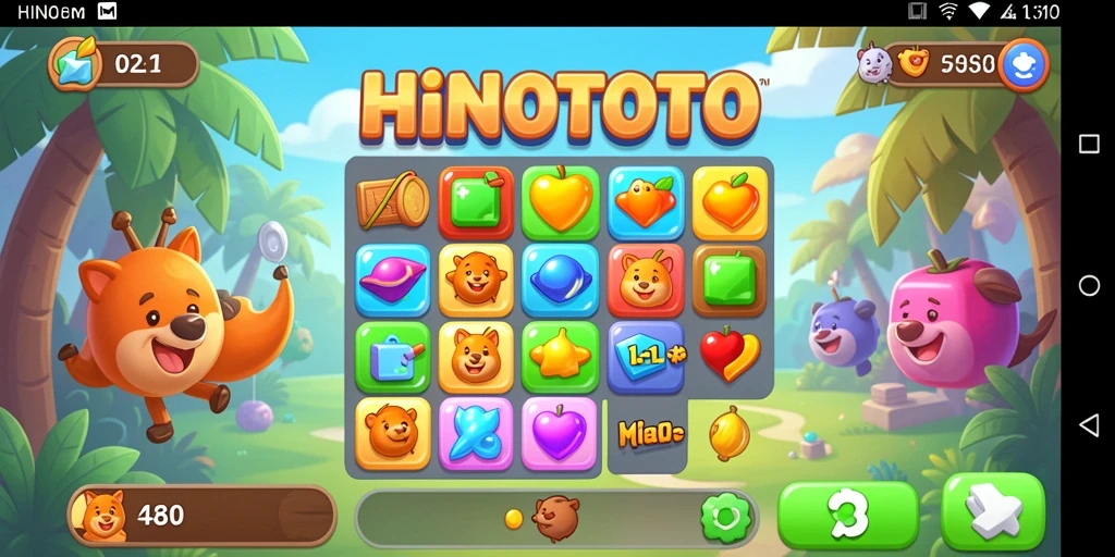 Screenshot HINOTOTO menampilkan gameplay Match-3 yang menarik dan penuh warna.